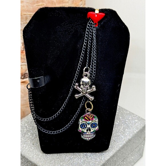 Day of the Dead & Silver Skull Post & Ear Cuff Chain Handmade Earring - Picture 1 of 1